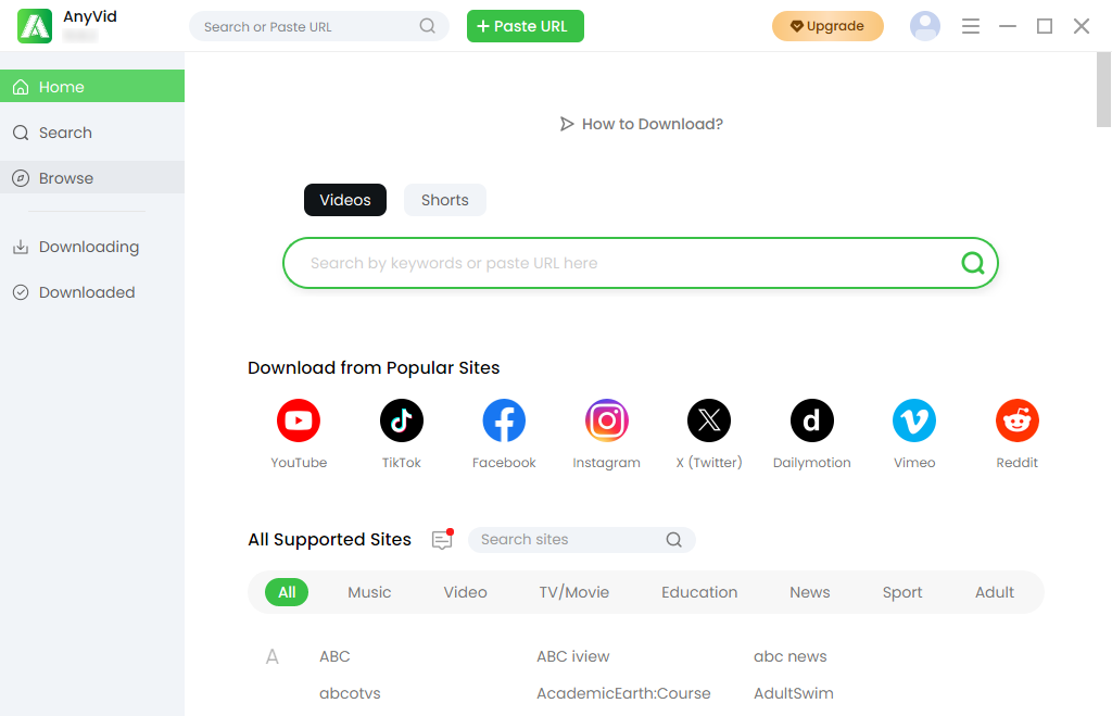 Interface d'accueil de AnyVid Software